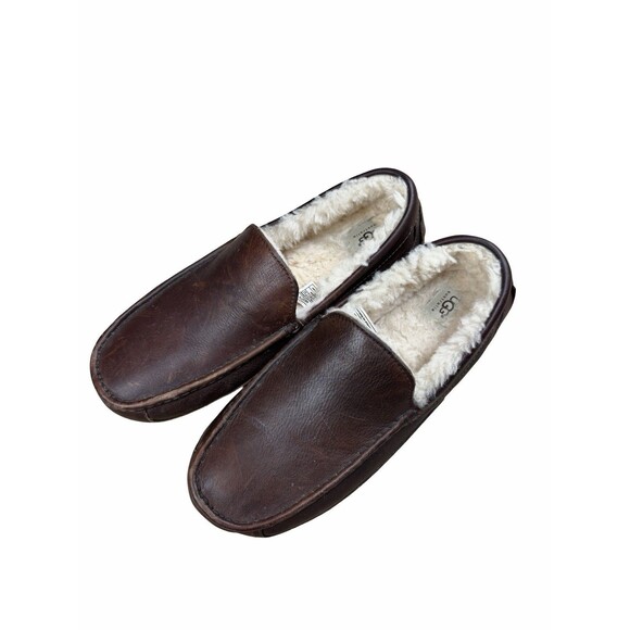 UGG Men\'s Ascot Slippers Dark Spice Brown Leather House Shoes 5379 Size 13 Clean main image 10